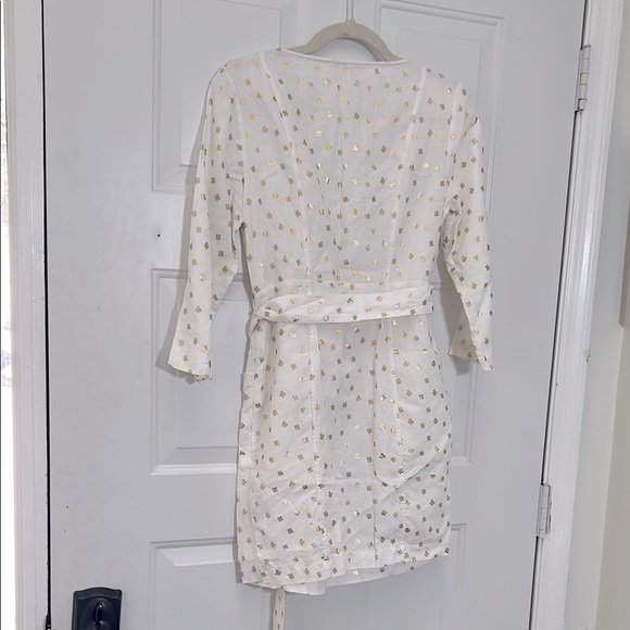Boden Womens Linen Dress White Gold Print V Neck Belted 3/4 Sleeve Petite 6P - Picture 4 of 12